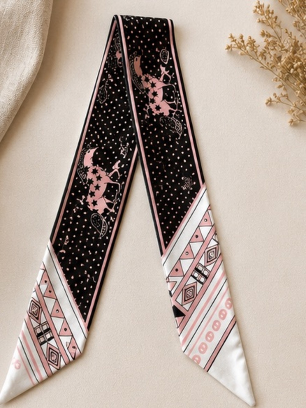 Black & Blush Pink Skinny Scarf Twilly Horse Equestrian Print